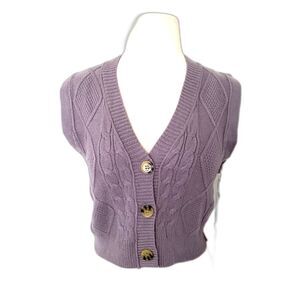NWT Hazel Moon Cropped V Neck Knit Sweater Vest Purple Short Sleeve Sz M (flaw)